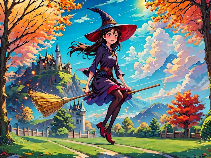 1 girl, alone,flying witch,broom ride,nice background,outdoors,magic effect,light,beautiful,shine,get used to it,forest,(masterp...