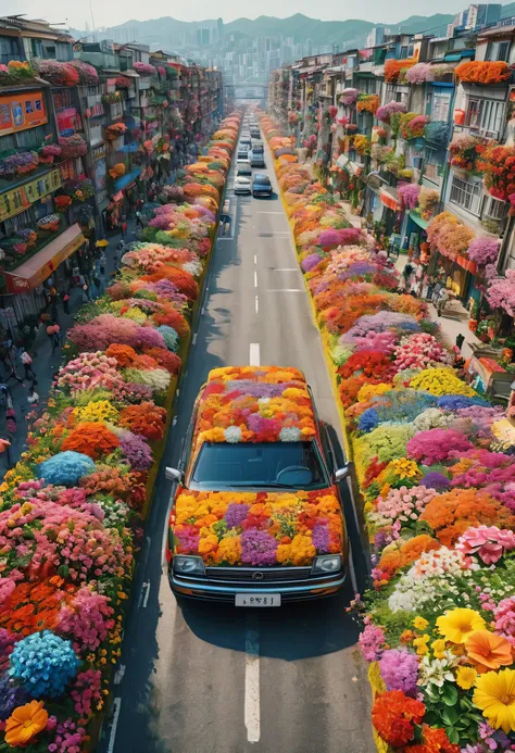 realistic photos, fantasy, futuristic, science fiction, sea of flowers, city, view od street full of flowers, many colorful flow...