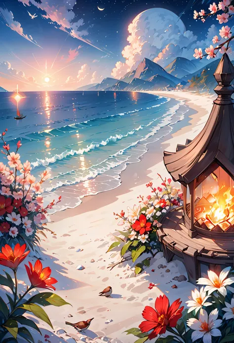 castle, flowers, Delicate scenes, Sky, Baiyun, The sun shines on the snow-white beach. birds, pink flowers and bright big shells, diamond crystal, on the beach, fantasy, night Sky, moon, smokes, fire, photo, HD, 8k, UHD, Ultra-detailed, high quality, 1080p...