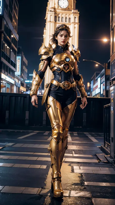 A woman adorned in fantasy-style full-body armor, a crown-concept fully enclosed helmet that unveils only her eyes, a composite layered chest plate, fully encompassing shoulder and hand guards, a lightweight waist armor, form-fitting shin guards, the overa...