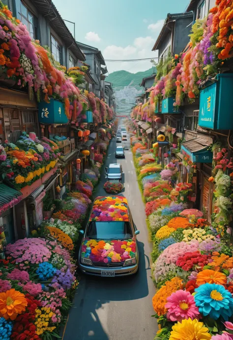 realistic photos, fantasy, futuristic, science fiction, sea of flowers, city, view od street full of flowers, many colorful flow...