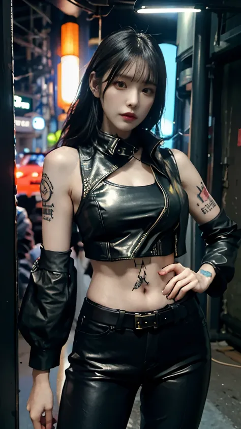 (highest quality)，masterpiece，Super detailed，8K, UHD，Beautiful woman，japanese woman，No expression，whole body，((tattoo))，slim，black leather pants，black leather vest，(female mafia)，gangster，(cyberpunk city)，night，cinematic lightening，underworld