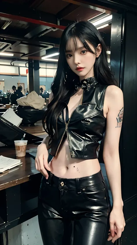 (highest quality),masterpiece,Super detailed,8K, UHD,Beautiful woman,japanese woman,No expression,whole body,((tattoo)),slim,black leather pants,black leather vest,(female mafia),gangster,(cyberpunk city),night,cinematic lightening,underworld
