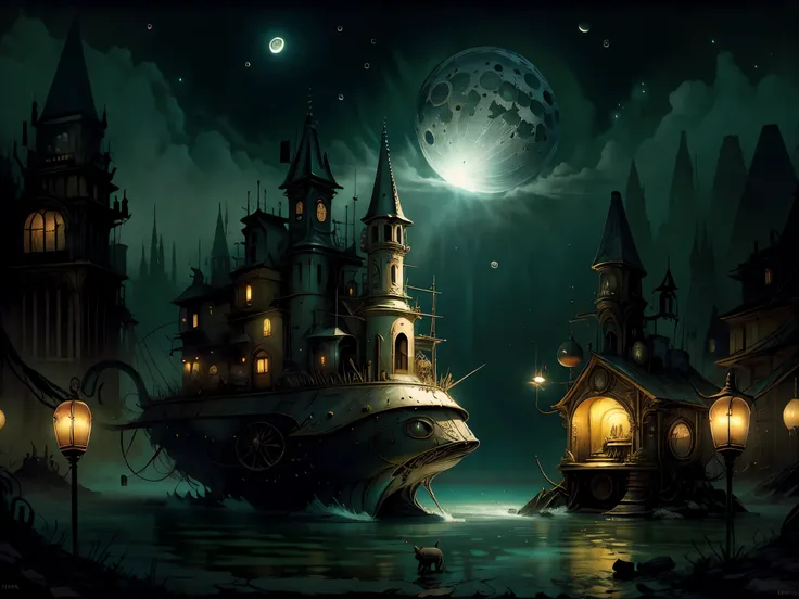 Obra maestra, Mejor calidad,( 1 chica hermosa hiperdetallada:1.5, ciudad surrealista), (luna grande de fondo, de noche nocturno, poca iluminacion, strange and bioluminescent objects and animals:1.4), 32k, imagen impecable y perfecta