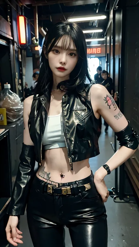 (highest quality)，masterpiece，Super detailed，8K, UHD，Beautiful woman，japanese woman，No expression，whole body，((tattoo))，slim，black leather pants，black leather vest，(female mafia)，gangster，(cyberpunk city)，night，cinematic lightening，underworld