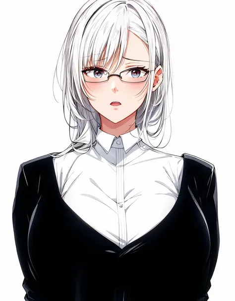 1 milf, long black hair, big breasts, wearing a white shirt, black tie, angry, wearing a glasses 