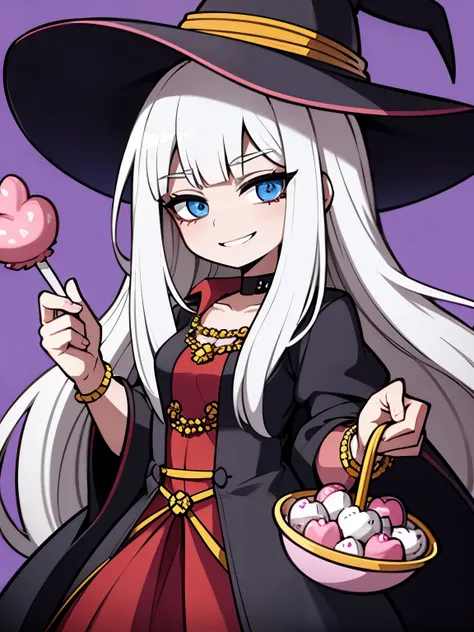 1woman, witch specie, witch hat, candy witch, candy accessories, sugary looks, smiling, kind, medieval gown. White hair, long hair, blue eyes. Candy lover, sweets treats lover. Orange ,pink and purple theme colors.