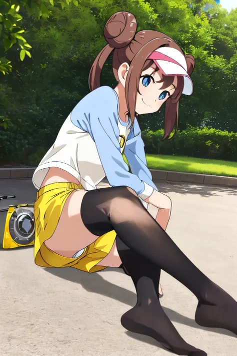 table top、highest quality、High resolution、1 girl、solo、short height、thin legs、shy smile、brown hair, bun hair, blue eyes, long twin tails, visor cap,( black tights), raglan sleeves, yellow shorts,shirt, pink ribbon, clock、outdoors、A photo of the subject view...