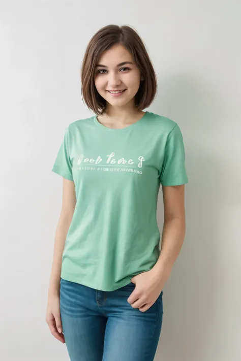 For a green t-shirt mockup design, front facing, from the top of her head to the knees, full body, photo-real caucasian teenager girl, eighteen years old, short black straight hair, bobcut, boycut, happily smiling, closed lips, pointed nose, facing the fro...