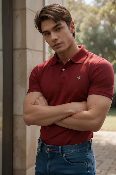 Homem Australiano, 20 anos de idade, cabelos castanhos claros curto, olhos castanhos, seductive appearance, average physique, Wearing jeans, polo shirt, cabelos curto, crossed arms.