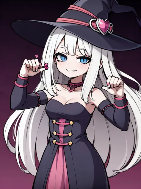 1woman, witch specie, witch hat, candy witch, candy accessories, sugary looks, smiling, kind, medieval dress gown. White hair, long hair, blue eyes. Candy lover, sweets treats lover. Orange ,pink and purple theme colors for clothing. (Good quality), (good ...