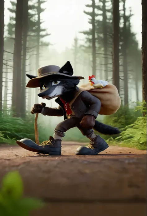 An image showing a black wolf, looking cunning, wearing a torn hat, torn black shoes, torn gloves, torn pants, torn coat, looking poor, holding a chicken in his hand, 3D animation style