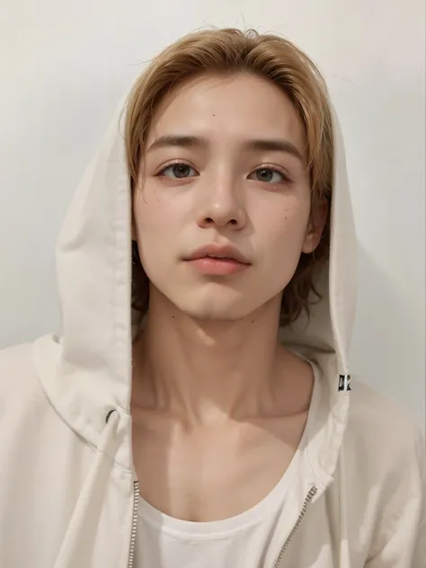 homem arafiado com capuz branco e camisa branca, adorable and pale korean face, hyung tae, todos do grupo nct, Hong junho hyung, young pale angel, taejune kim, Jiminthe right eyelid is swollen, inspirado em jeonseok lee, taken at the beginning of 2020, 1 M...