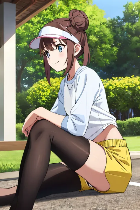 table top、highest quality、High resolution、1 girl、solo、short height、thin legs、shy smile、brown hair, bun hair, blue eyes, long twin tails, visor cap,( black tights), raglan sleeves, yellow shorts,shirt, pink ribbon, clock、outdoors、A photo of the subject view...