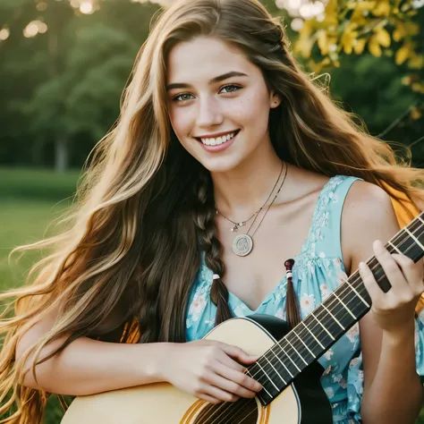 A 20-year-old girl, Solo, Long braided hair, Hazel eyes, Natural makeup, Full figure, A floral dress, Playing an acoustic guitar, Looking at the viewer, Realistic, Expressive face, Sun-kissed skin, Freckles, Wearing a necklace with a pendant, Smiling, Soft...