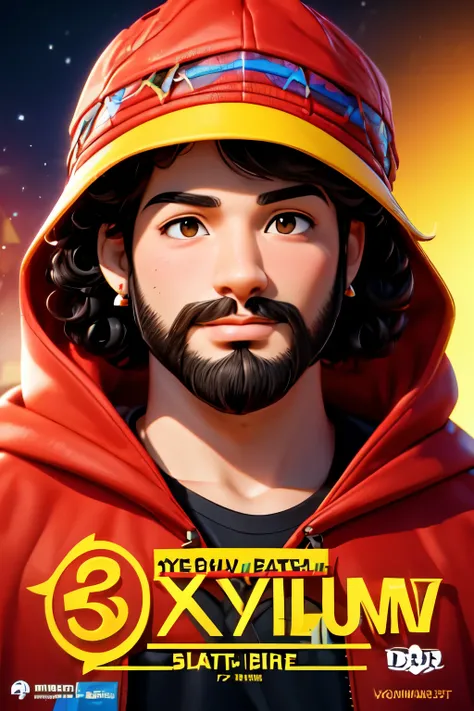 a 3D Disney-style Pixar movie poster with the text "Youtube" young man, 29 years old, dark curly hair, medium size, closed beard, brown eyes, wearing red and yellow hooded sweatshirt, Black Bucket Hat, earrings in both ears, a nose ring piercing