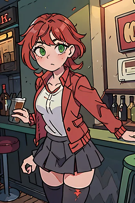 a young woman wearing a thigh highs, a skirt and jacket, red hair with green eyes standing outside a bar