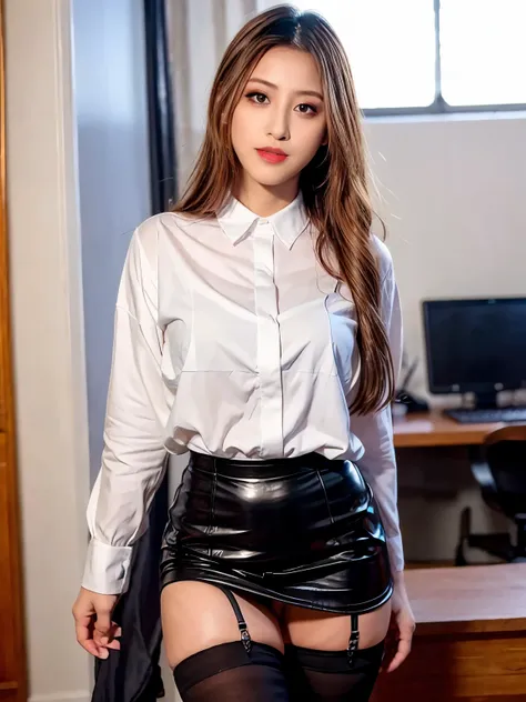 4lex1a, high quality,4k, white shirt, black skirt,mini skirt、(((black stockings)))、inside the office