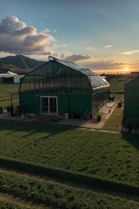 Imagen realista de un invernadero, with vegetation and green colors, que sea en el campo, orientacion horizontal, que en el plano principal aparezca el invernadero (invernadero), que el invernadero sea el tema principal, que sea hecho con plastico, aparezc...