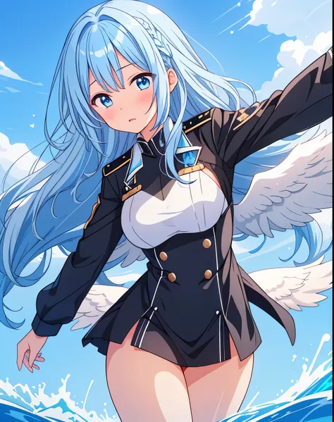 Angel&#39;s wing　Hair color black　girl　long　combat uniform　confident face　cool　blue eyes　light blue hair　blush　Watery eye