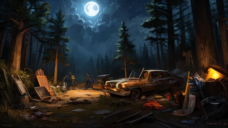 ((An abandon junk yard in a circular clearing in a forest of pines and redwoods)), night, stars, tree line, outdoors, moonlight, scrap metal, (by Taran Fiddler)