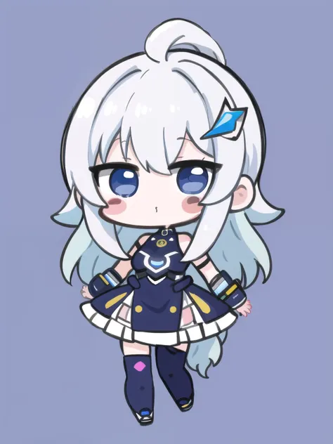 masterpiece, 1 white hair girl, internet explorer-chan, best quality, highly detailed, nozochibi, 1girl, solo, blush stickers, (chibi:1.4), simple background, full body, frieren, long hair, cyberpunk dress, happy pose, cute girl with ehite hair and blue ey...