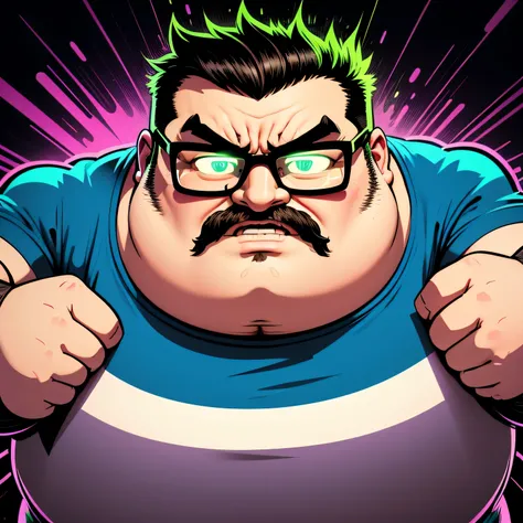 Vector style masterpiece, fat man with glasses, no facial hair, only face, very angry expression, LSD COLOR SPECTRUM, glowing elements, fluorescent colors, lights effects, lasers, glowing inkdrops