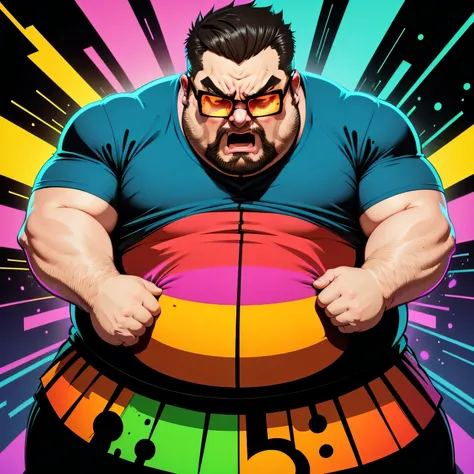 Vector style masterpiece, fat man with glasses, no facial hair, only face, very angry expression, LSD COLOR SPECTRUM, glowing elements, fluorescent colors, lights effects, lasers, glowing inkdrops