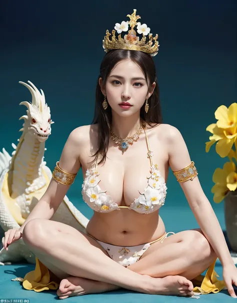 highest quality、masterpiece、超A high resolution、16K photos、（Yellow Dragon Armor）、(((big breasts)))、(((a large flower ornament))),(((Micro bikini with attention to detail))),(wears a beautiful crown made of precious stones),(Photoreal:1.4)、RAW photo、1 girl、(...