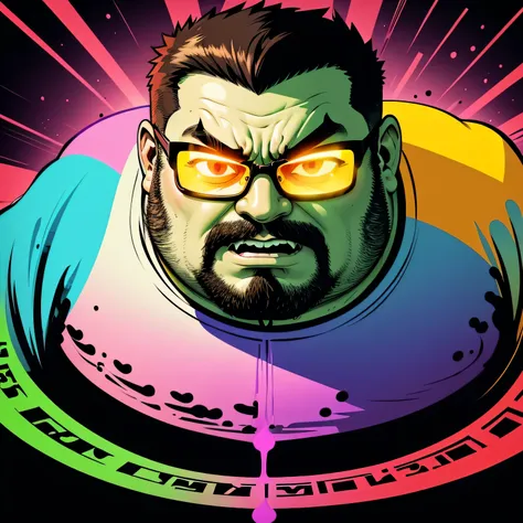 Vector style masterpiece, fat man with glasses, no facial hair, only face, very angry expression, LSD COLOR SPECTRUM, colors everywhere, glowing elements, fluorescent colors, lights effects, lasers, glowing inkdrops