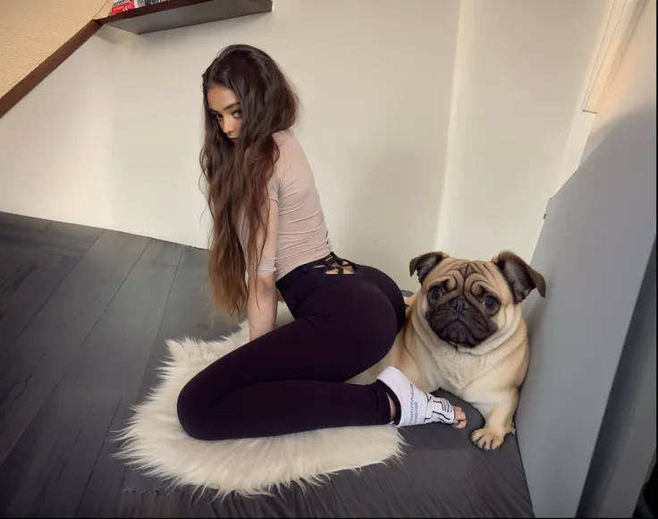 woman sitting on a rug with a pug dog and a stuffed animal, perneiras, roupa apertada, black perneiras, black perneiras, jet black perneiras, traje apertado, por Emma Andijewska, modelo do instagram, meio rosa, Dasha Taran, perneiras, tirada em 2 0 2 0, Be...