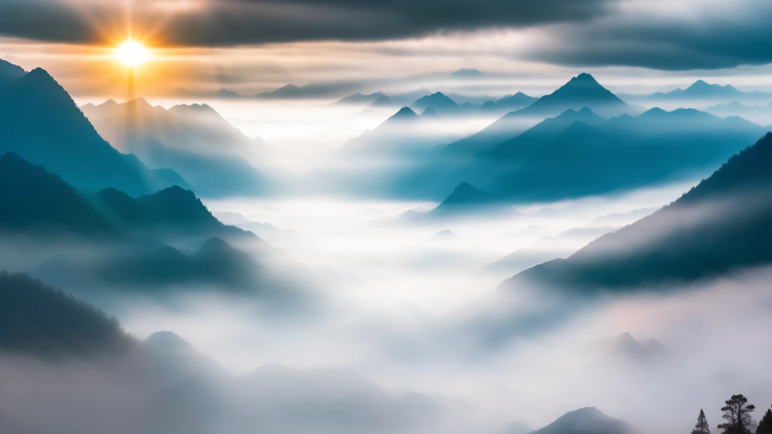 (tyndall effect), landscape, a valley in mountain of china, mythical mountains, fog, sun rays piercing through the fog create be...