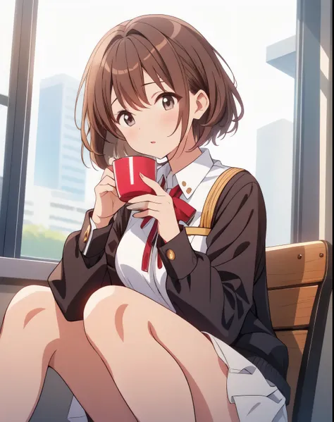 A cup、shortcut、brown hair、uniform