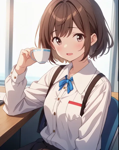 A cup、shortcut、brown hair、uniform