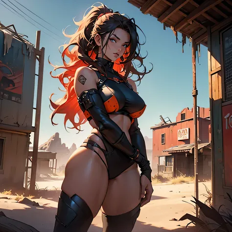 (Top Quality, 8k), Seductive woman in a post-apocalyptic setting, on an arid planet where the moon is unusually close, Ultra-detailed, Sexy, curvaceous figure, Radiant, shimmering skin, softly glowing in the dim light, Wearing tattered yet elegant clothing...