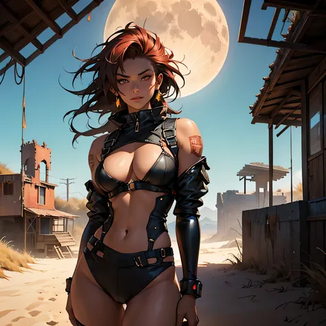 (Top Quality, 8k), Seductive woman in a post-apocalyptic setting, on an arid planet where the moon is unusually close, Ultra-detailed, Sexy, curvaceous figure, Radiant, shimmering skin, softly glowing in the dim light, Wearing tattered yet elegant clothing...