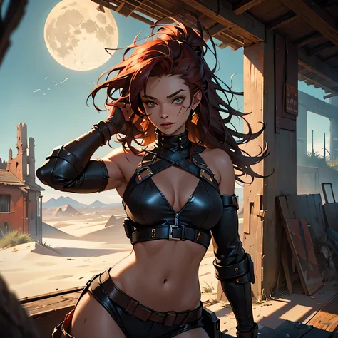 (Top Quality, 8k), Seductive woman in a post-apocalyptic setting, on an arid planet where the moon is unusually close, Ultra-detailed, Sexy, curvaceous figure, Radiant, shimmering skin, softly glowing in the dim light, Wearing tattered yet elegant clothing...