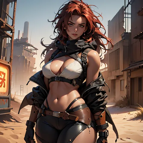 (Top Quality, 8k), Seductive woman in a post-apocalyptic setting, on an arid planet where the moon is unusually close, Ultra-detailed, Sexy, curvaceous figure, Radiant, shimmering skin, softly glowing in the dim light, Wearing tattered yet elegant clothing...