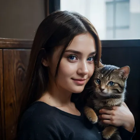 Specifications,8k resolution,optimal quality:1.2 realistic style,Enhanced photo realism:1.37 crystal clear ultra high definition,subject.girl black eyes beautiful realistic hairstyle cute smile in both hand a baby cat with big blue eyes