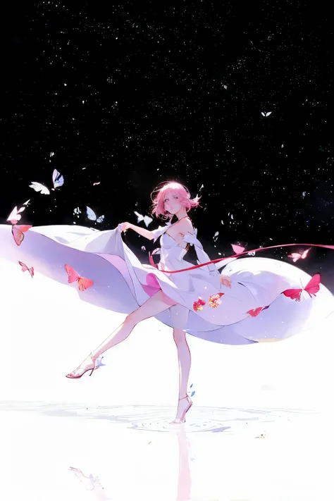 anime girl in white dress with pink hair and butterfly wings, inspired by Tosa Mitsuoki, anime girl walking on water, beautiful anime artwork, anime land of the lustrous, inspired by Eizan Kikukawa, beautiful anime art, a beautiful artwork illustration, by...