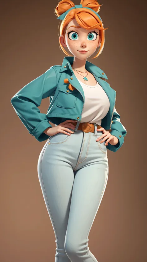 1girl, Orange hair in a bun, green eyes, slight smirk, freckles on cheeks, thin eyebrows, white necklace with a bow, teal jacket, pale skin, standing, cartoon, (pixar:1.2), Lucy Wilde, long nose, bangs, tight short jeans,full body view, wide hips, huge bre...