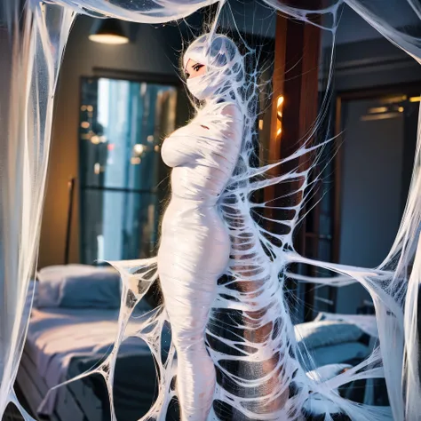 a girl entangled in the spider web, struggle, detailed classroom, (cocoon:1.3), spider web, hanging, spider in the web, spider