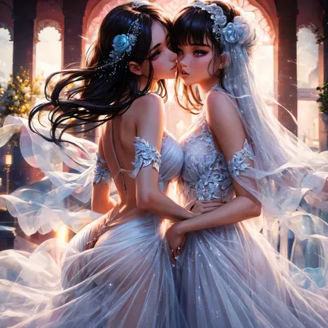 two girl kissing, see her ass,(bright lighting,romantic setting),dreamy background,bondage,dark hair, mesmerizing gaze, , soft skin, alluring beauty, artistic portrait, high-quality image, vibrant colors,translucent silk wedding dress, mosquito net,