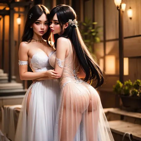 two girl kissing, see her ass,(bright lighting,romantic setting),dreamy background,bondage,dark hair, mesmerizing gaze, , soft skin, alluring beauty, artistic portrait, high-quality image, vibrant colors,translucent silk wedding dress, mosquito net,