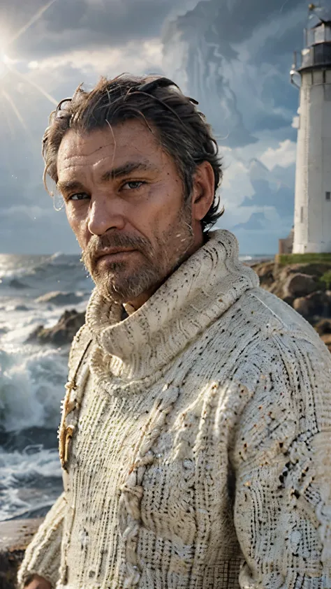 face portrait of an rugged (old fisherman:1.3), (face focus:1.5), (storm:1.2), (waves:1.3), ocean, (lighthouse background:1.3), (cowboy shot:1.4), (white turtleneck knitted sweater:1.3), looking at viewer, realistic, masterpiece, highest quality, backlight...