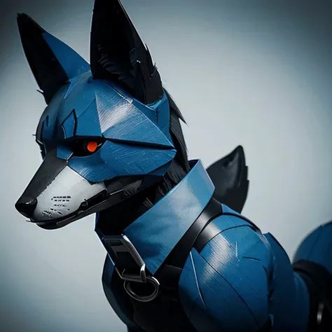 Make a light blue animatronic fox with black collars, make it drawn as if it were a paper drawing