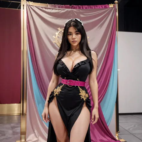 A beautiful hyperreal woman who represents Sailor Moon. Black hair, very big breasts, giant butt, tiny waist. Her face has Japanese anime features. She has long straight black hair down to her waist. Design a refined, sexy and elegant dress with serious co...