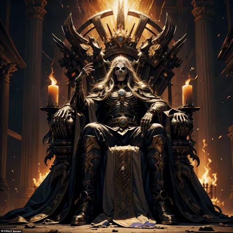 The Ancient Skeleton King, revered as the harbinger of The Age of Apocalypse, stands tall before his throne, his bony fingers holding an ornate, intricately designed King calendar. His eyes burn with an otherworldly fire, as if he can sense the impending d...