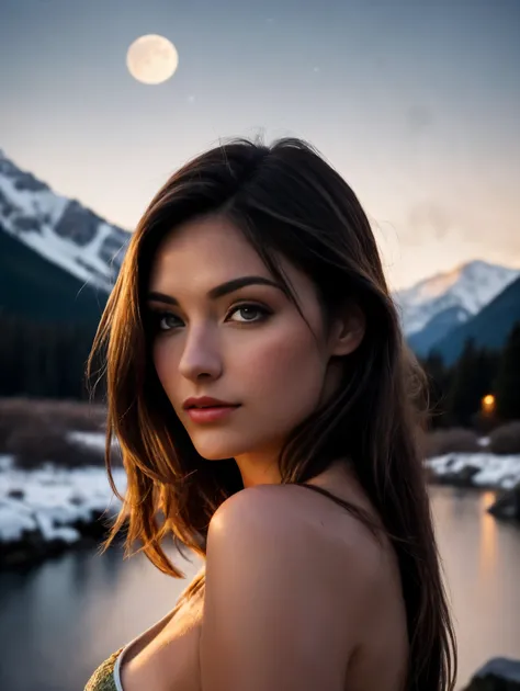 An ultra hot gorgeous European woman. Age 23. She’s a playmate and men magazine model. , outdoors, (night), mountains, nature, (stars, moon) cheerful, happy, forest, rocks, river, wood, smoke, shadows, contrast, clear sky, analog style (look at viewer:1.2)...