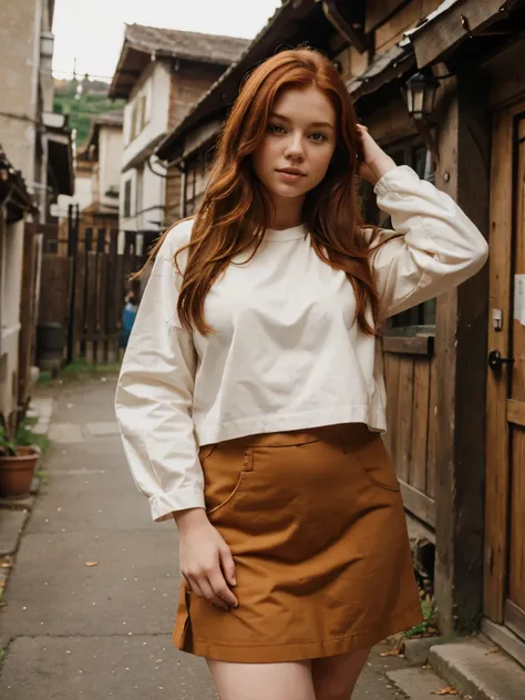 Thick redhead girl, wearing old village clothes, in the village